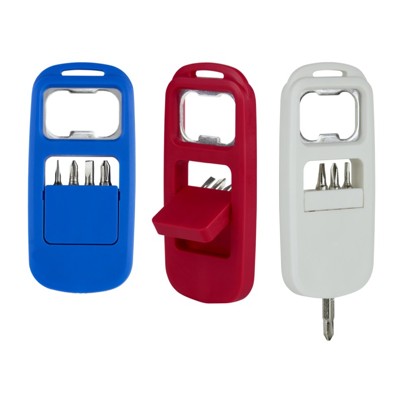 PUBLIGRAFIK DEL SURESTE: DESARMADOR-DESTAPADOR KIOWA Incluye 4 puntas de desarmador y destapador.