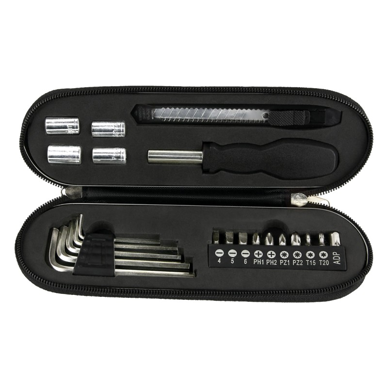 PUBLIGRAFIK DEL SURESTE: SET DE HERRAMIENTA LAMPAG Contiene desarmador, 4 dados, 10 puntas para desarmador, cúter y 5 llaves hex