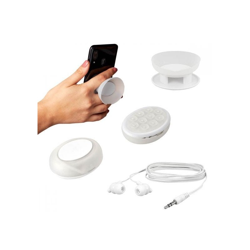 PUBLIGRAFIK DEL SURESTE: AUDIFONOS CON CHUPON enrollables, base con ventosa para fácil sujeción. Función soporte para smartphone