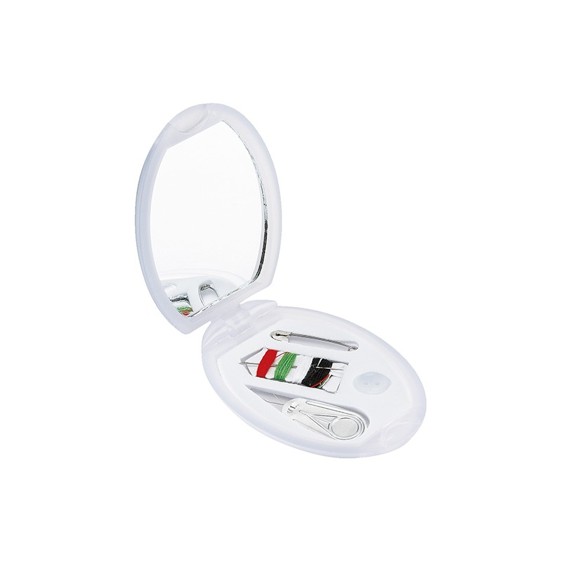 PUBLIGRAFIK DEL SURESTE: COSTURERO OVALADO AURA Incluye ensartador de aguja, botón, hilo, aguja, seguro y estuche con espejo